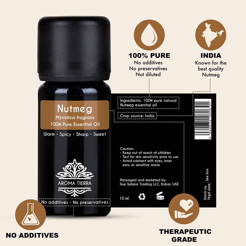Aroma Tierra Nutmeg essential oil from India, aphrodisiac benefits, antioxidant, anti-aging