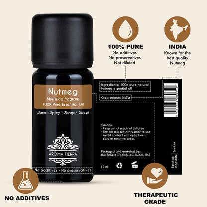 Aroma Tierra Nutmeg essential oil from India, aphrodisiac benefits, antioxidant, anti-aging