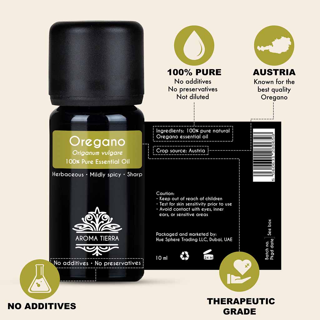 100% Pure and Organic Oregano essential oil, no preservatives, no additives, undiluted, no solvent, no synthetic fragrance.