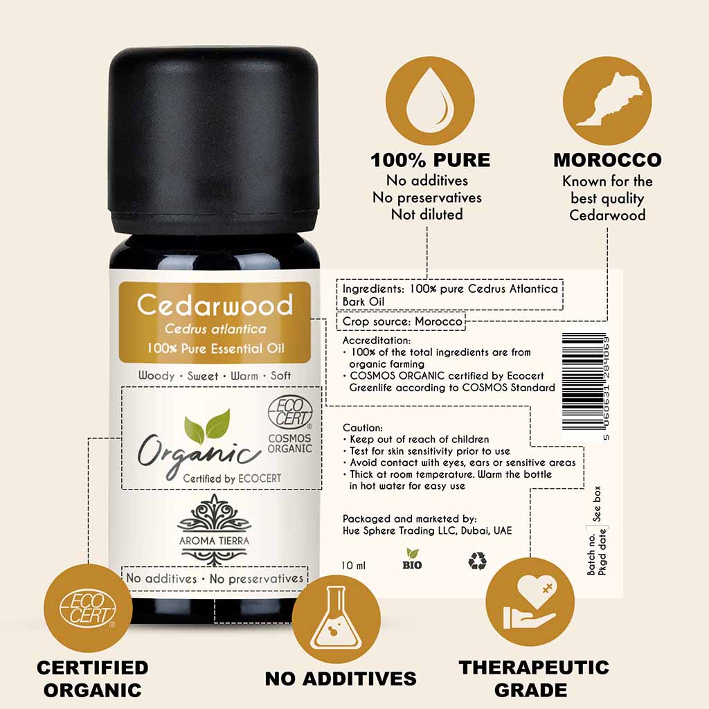 100% Certified and Pure Organic Cedarwood essential oil, no preservatives, no additives, undiluted, no solvent, no synthetic fragrance , therapeutic grade.
