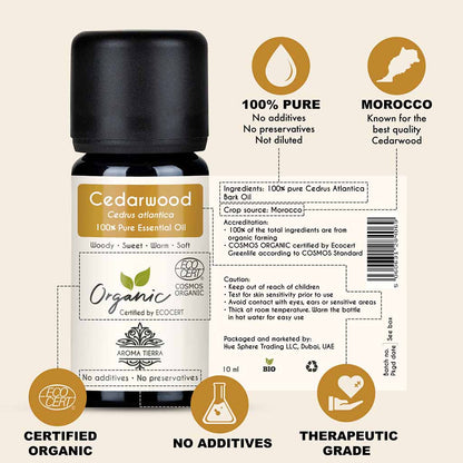 100% Certified and Pure Organic Cedarwood essential oil, no preservatives, no additives, undiluted, no solvent, no synthetic fragrance , therapeutic grade.