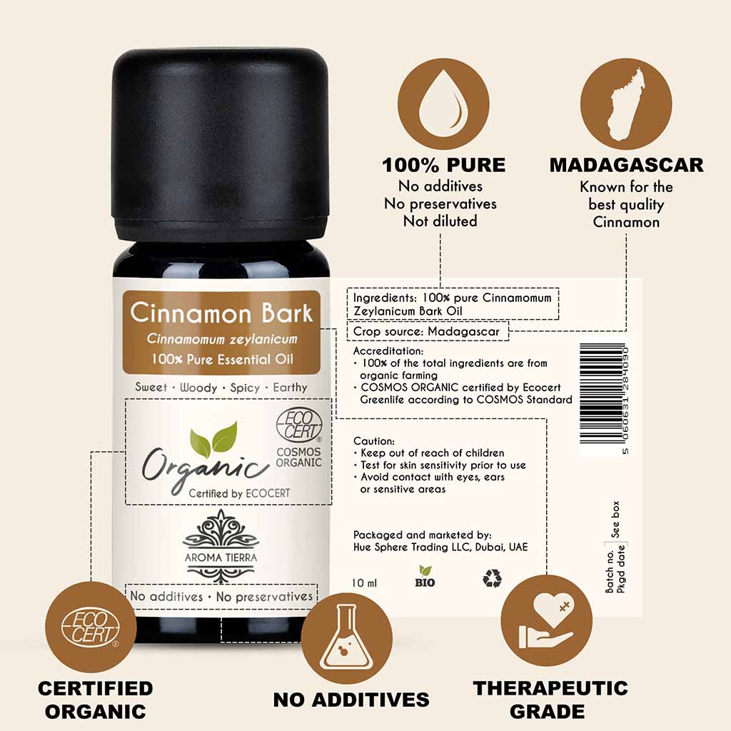 100% Certified and Pure Organic Cinnamon bark essential oil, no preservatives, no additives, undiluted, no solvent, no synthetic fragrance 