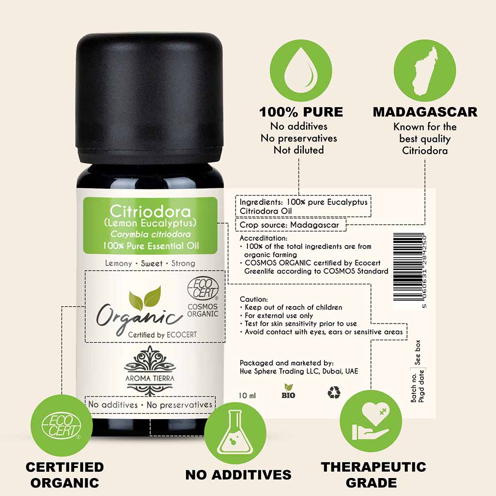 100% Certified and Pure Organic Citriodora essential oil, no preservatives, no additives, undiluted, no solvent, no synthetic fragrance , therapeutic grade.