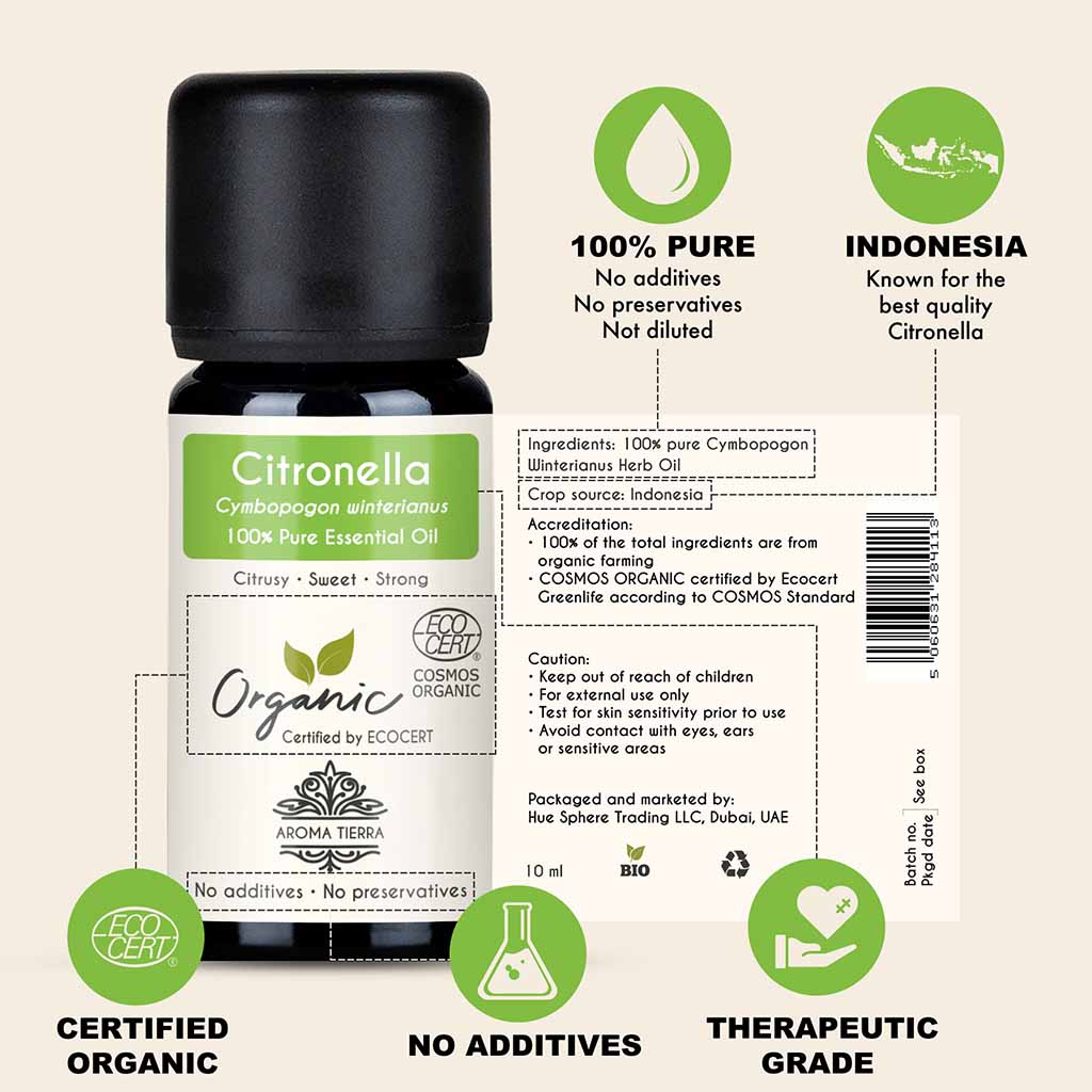 100% Certified and Pure Organic Citronella essential oil, no preservatives, no additives, undiluted, no solvent, no synthetic fragrance , therapeutic grade.