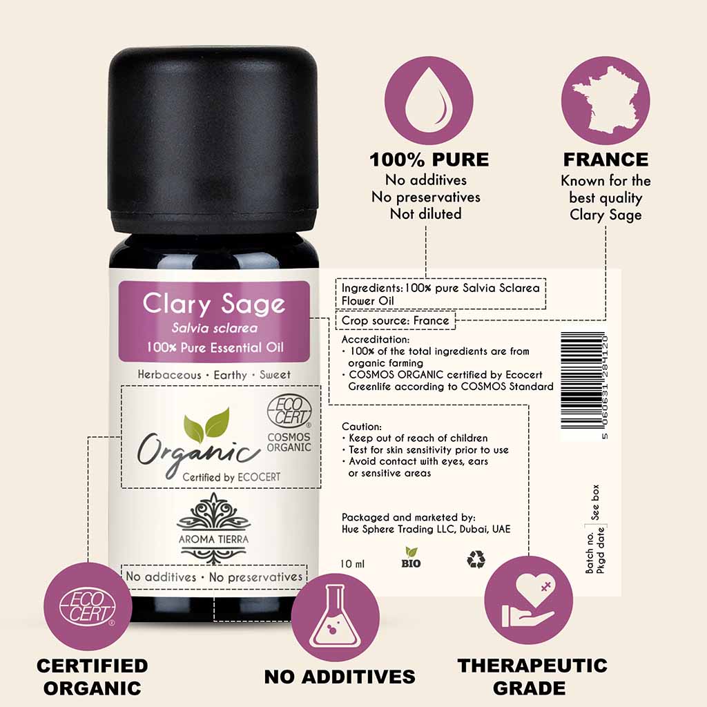 Aroma Tierra Organic Clary Sage essential oil from France regulates hormones, eases PMS symptoms, supports menopause, women health.
