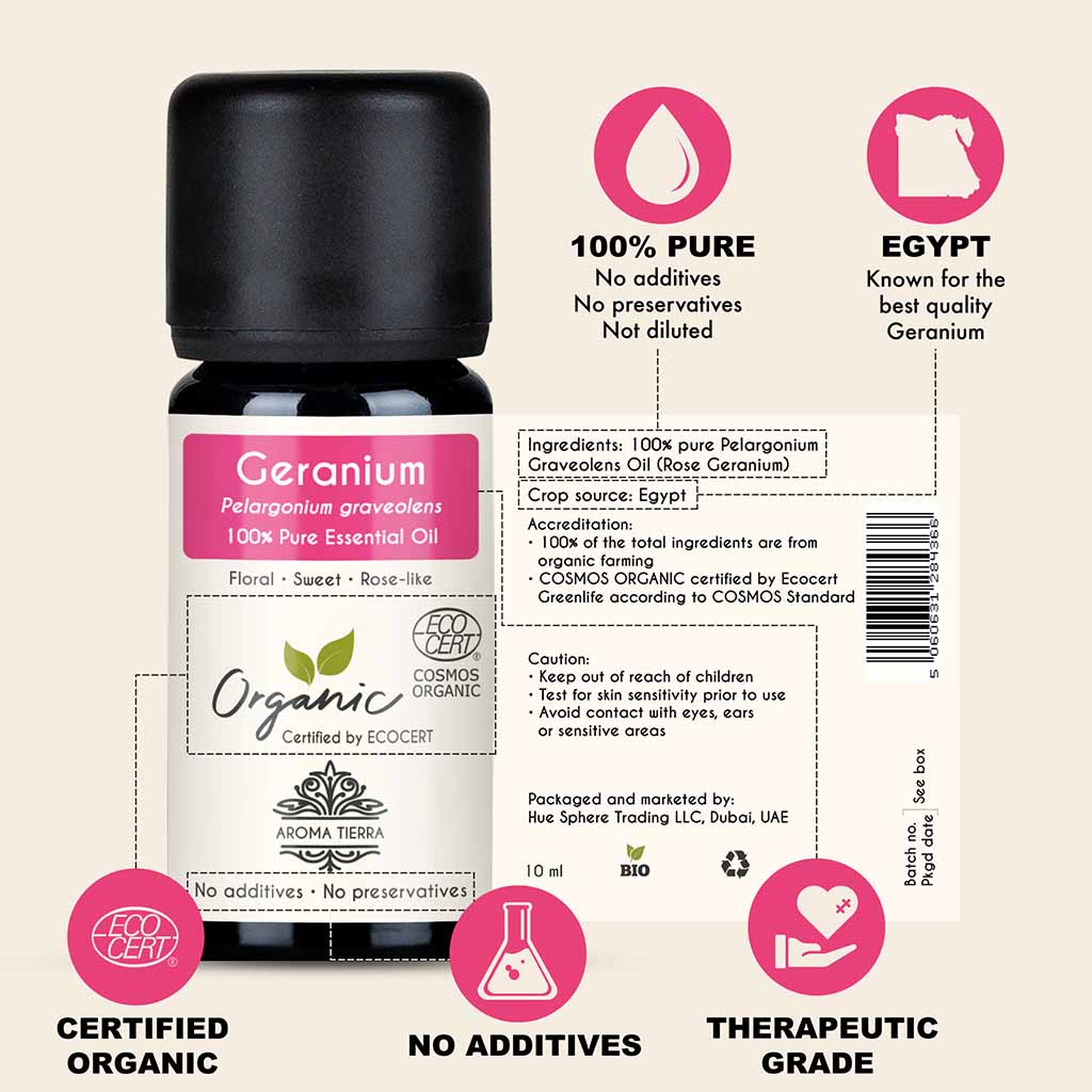 100% Certified Organic Geranium essential oil, no preservatives, no additives, undiluted, no solvent, no synthetic fragrance.