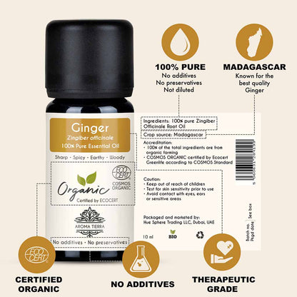 Aroma Tierra Organic Ginger essential oil from Madagascar, relieve symptoms of indigestion, bloating, gas, and nausea. 