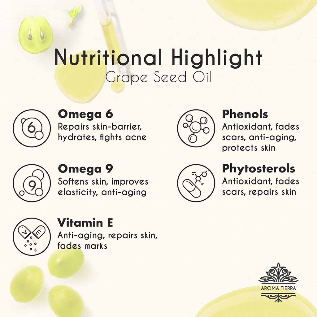100% pure Grape Seed oil high concentration of vitamin E and polyphenols.
