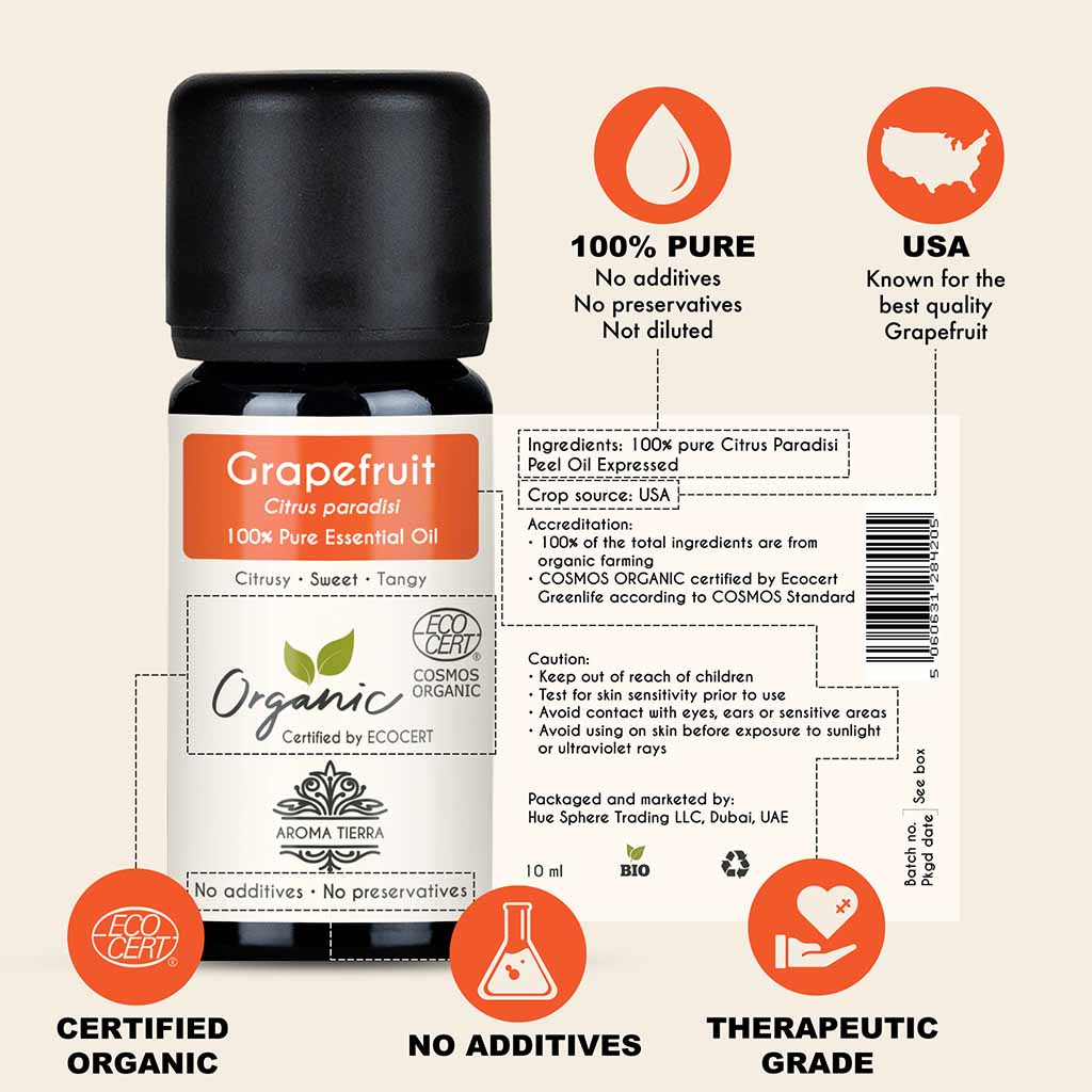 100% Certified and Pure Organic Grapefruit essential oil, no preservatives, no additives, undiluted, no solvent, no synthetic fragrance , therapeutic grade.