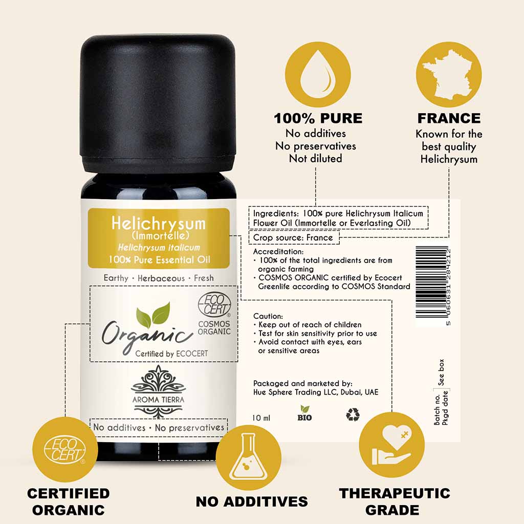 100% Certified and Pure Organic Helichrysum essential oil, no preservatives, no additives, undiluted, no solvent, no synthetic fragrance , therapeutic grade.