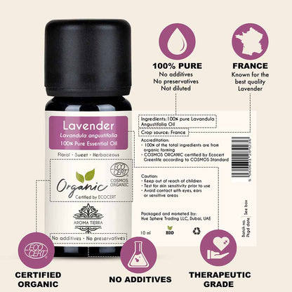 100% Certified Organic Lavender essential oil, no preservatives, no additives, undiluted.