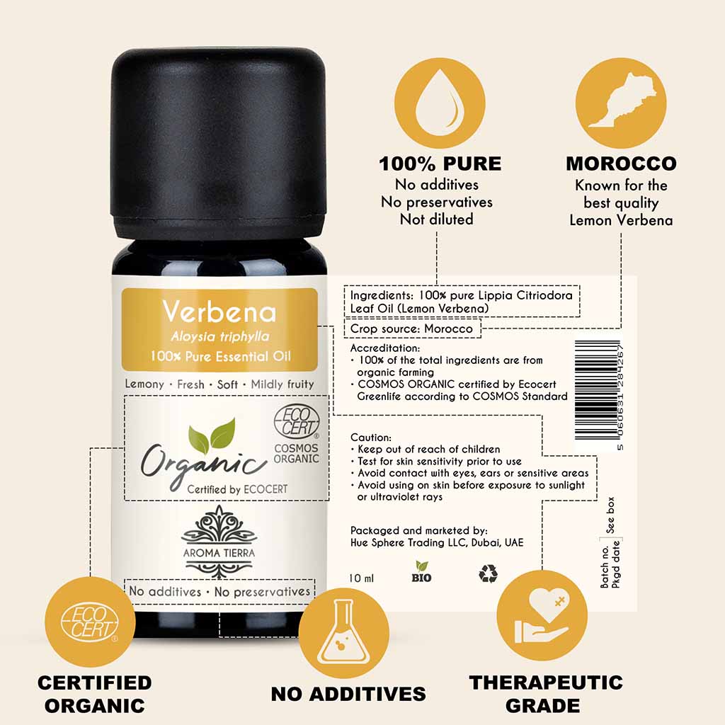 Aroma Tierra Organic Verbena essential oil from Morocco, natural antiseptic and relaxant, muscle tension and pain. 
