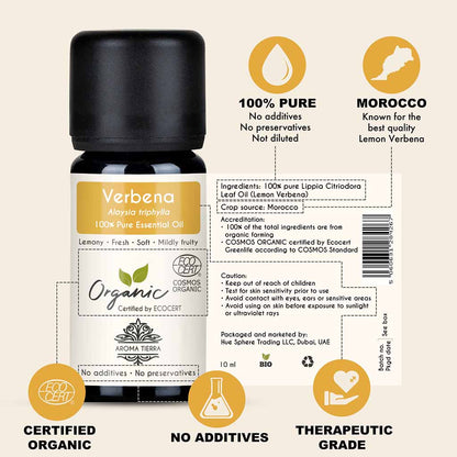 Aroma Tierra Organic Verbena essential oil from Morocco, natural antiseptic and relaxant, muscle tension and pain. 