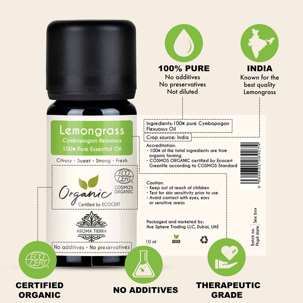 100% Certified Organic Lemongrass essential oil, no preservatives, no additives, undiluted, no synthetic fragrance. 
