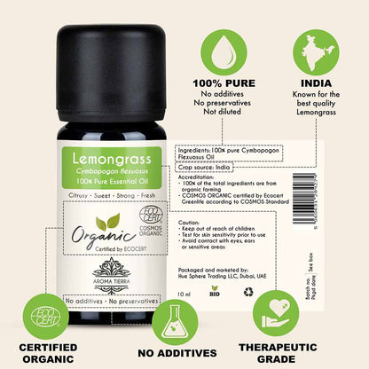 100% Certified Organic Lemongrass essential oil, no preservatives, no additives, undiluted, no synthetic fragrance. 