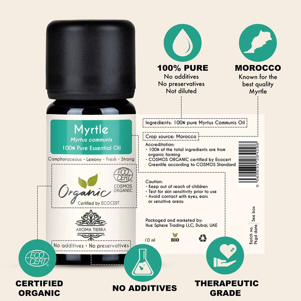 Aroma Tierra Organic Myrtle essential oil from Morocco, antioxidant, anti-aging. 