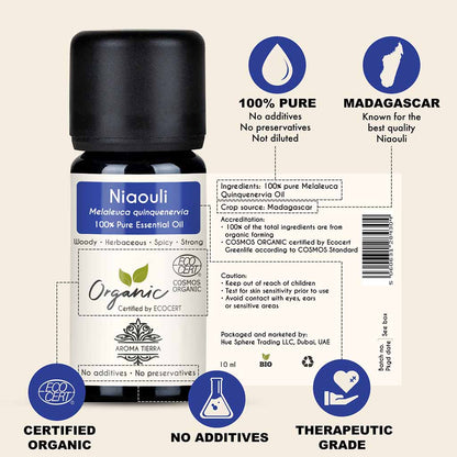 Aroma Tierra Organic Niaouli essential oil from Madagascar, aids muscle pain, joint pain, headaches, and swelling.