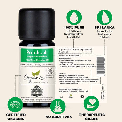 100% Certified and Pure Organic Patchouli essential oil, no preservatives, no additives, undiluted, no solvent, no synthetic fragrance.