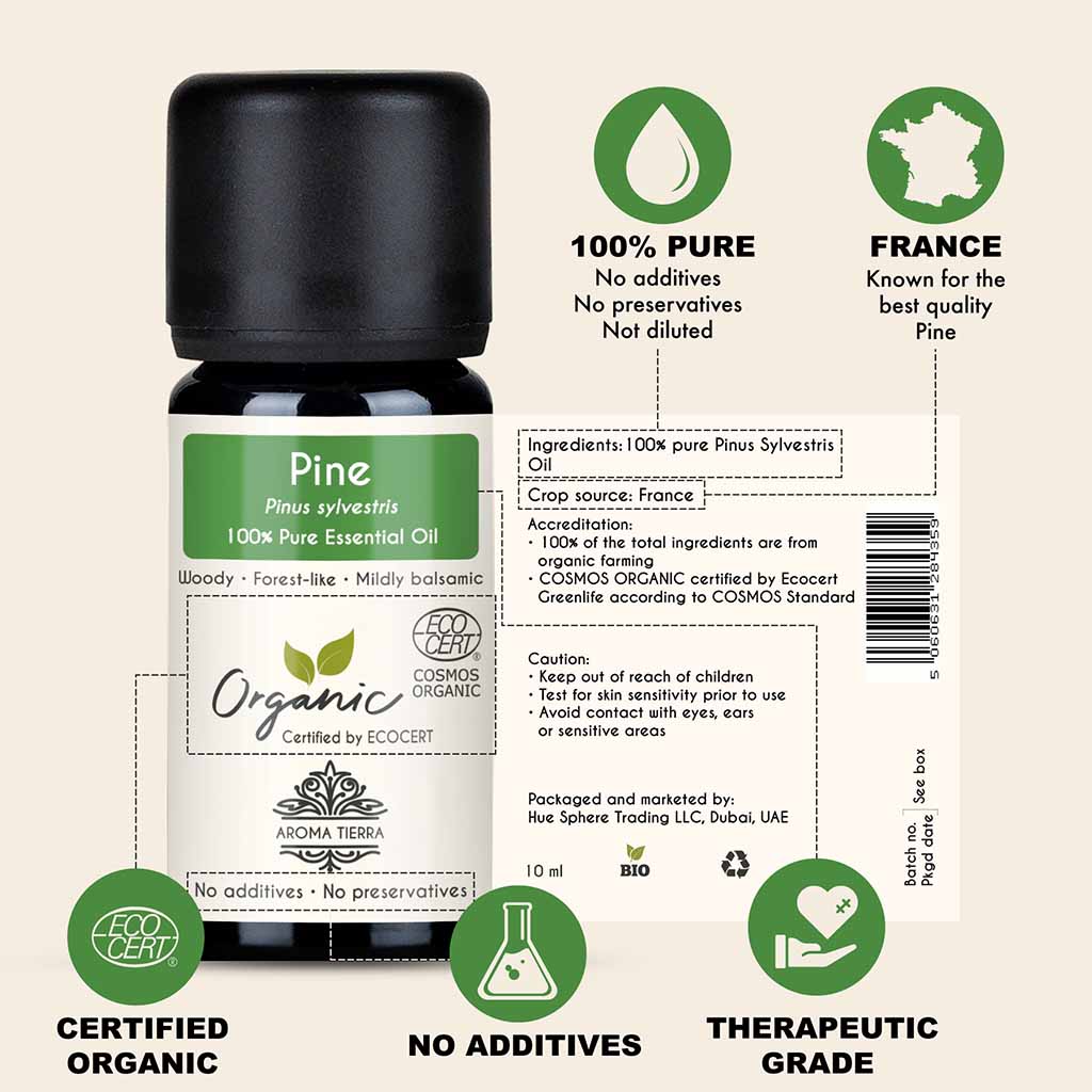 100% Certified and Pure Pine essential oil, no preservatives, no additives, undiluted, no solvent, no synthetic fragrance 