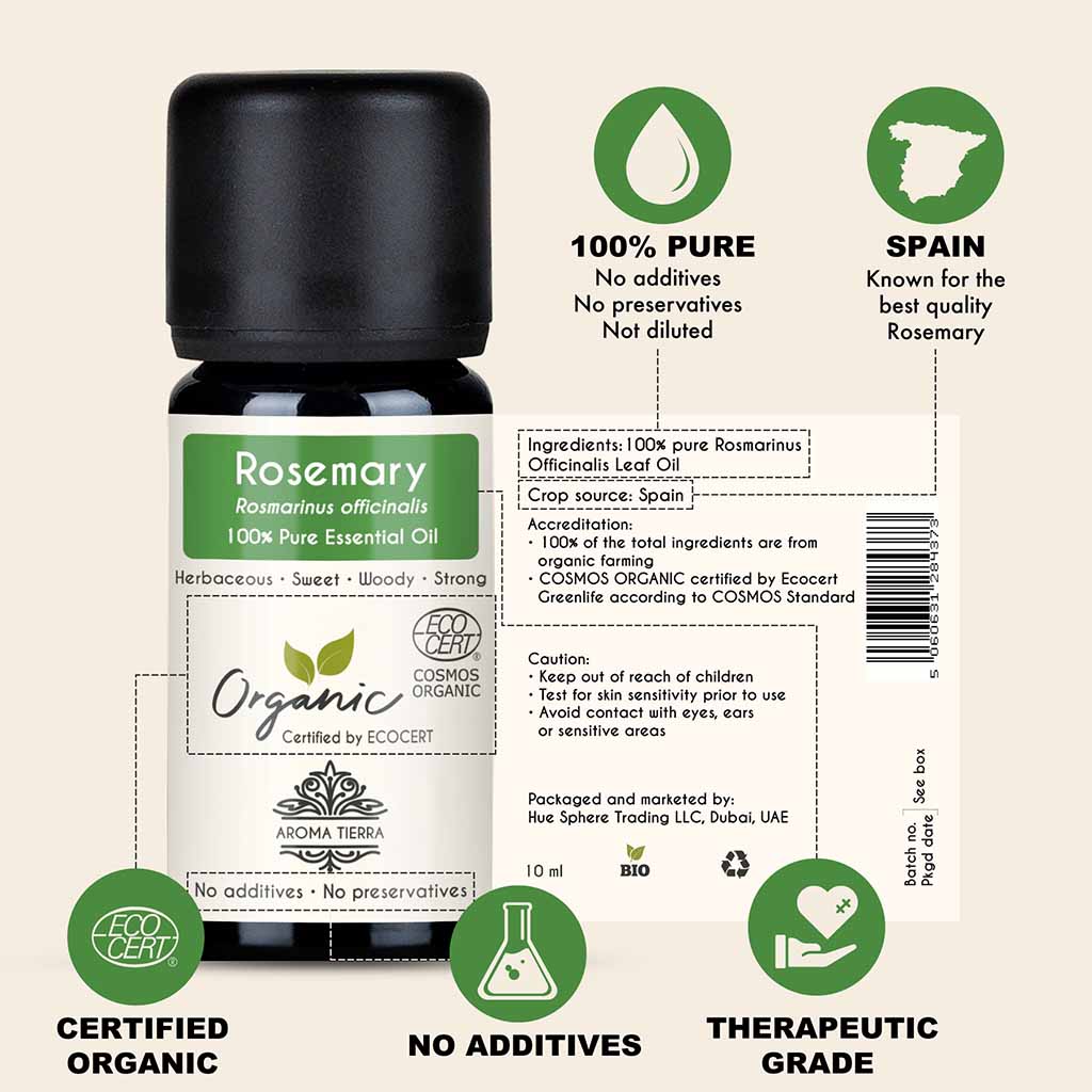 100% Certified Organic Rosemary essential oil, no preservatives, no additives, undiluted.