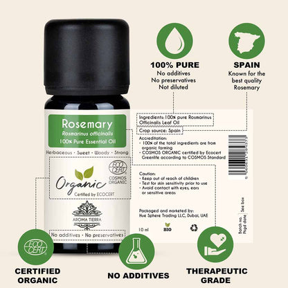 100% Certified Organic Rosemary essential oil, no preservatives, no additives, undiluted.