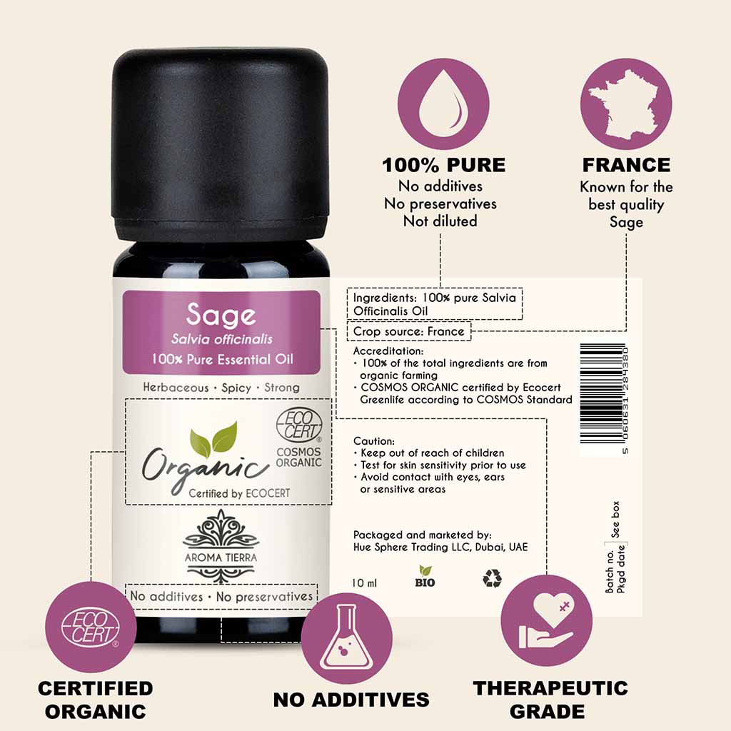 Aroma Tierra Organic Sage essential oil from France, indigestion, bloating, and gas. Menstrual irregularities, PMS, and menopausal symptoms. 
