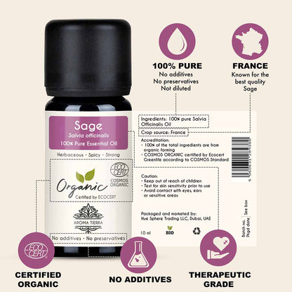 Aroma Tierra Organic Sage essential oil from France, indigestion, bloating, and gas. Menstrual irregularities, PMS, and menopausal symptoms. 
