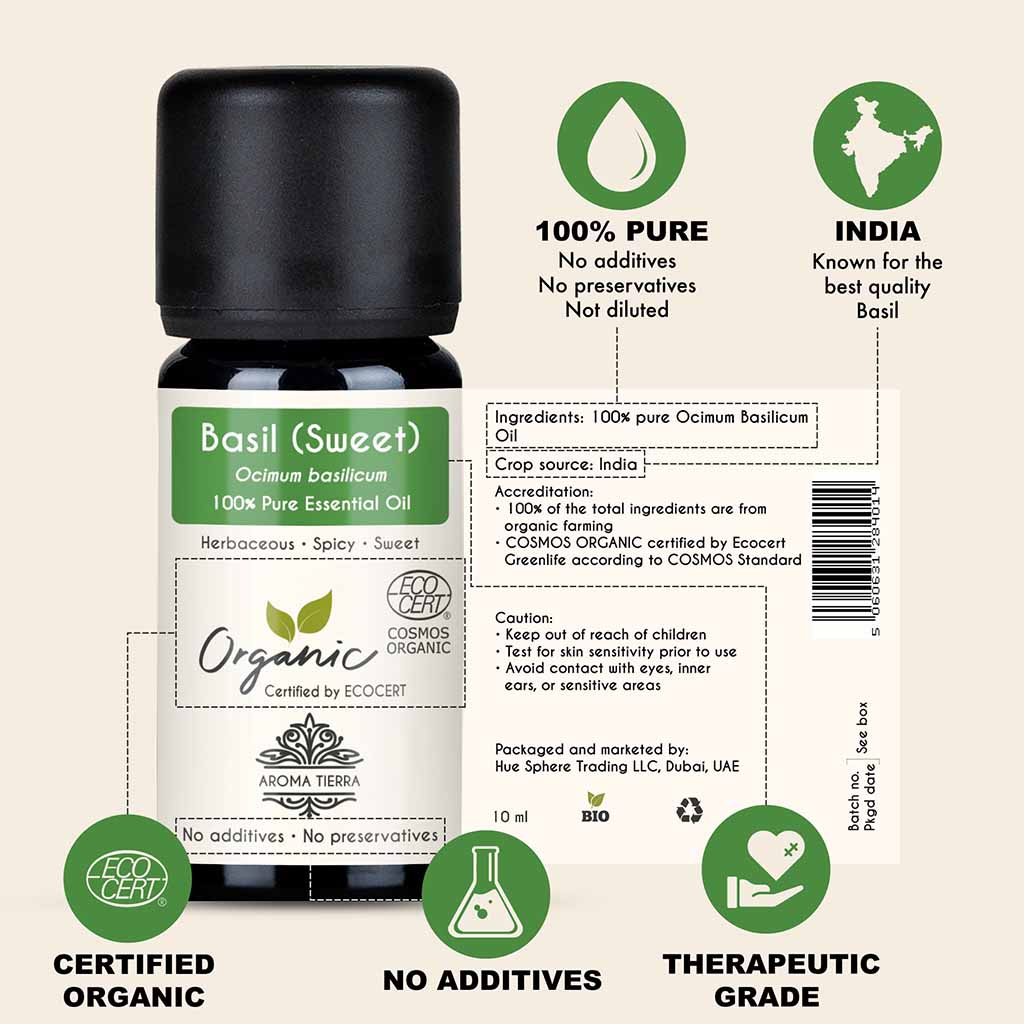 100% Certified and Pure Organic Basil sweet essential oil, no preservatives, no additives, undiluted, no solvent, no synthetic fragrance.