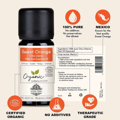 100% Certified Organic Sweet Orange essential oil, no preservatives, no additives, undiluted, no solvent, no synthetic fragrance.