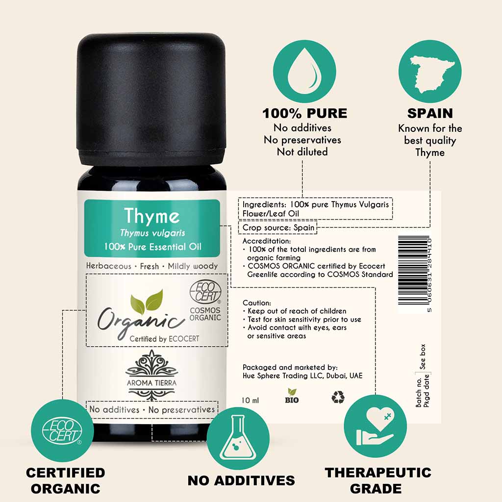 100% Certified and Pure Thyme essential oil, no preservatives, no additives, undiluted, no solvent, no synthetic fragrance.