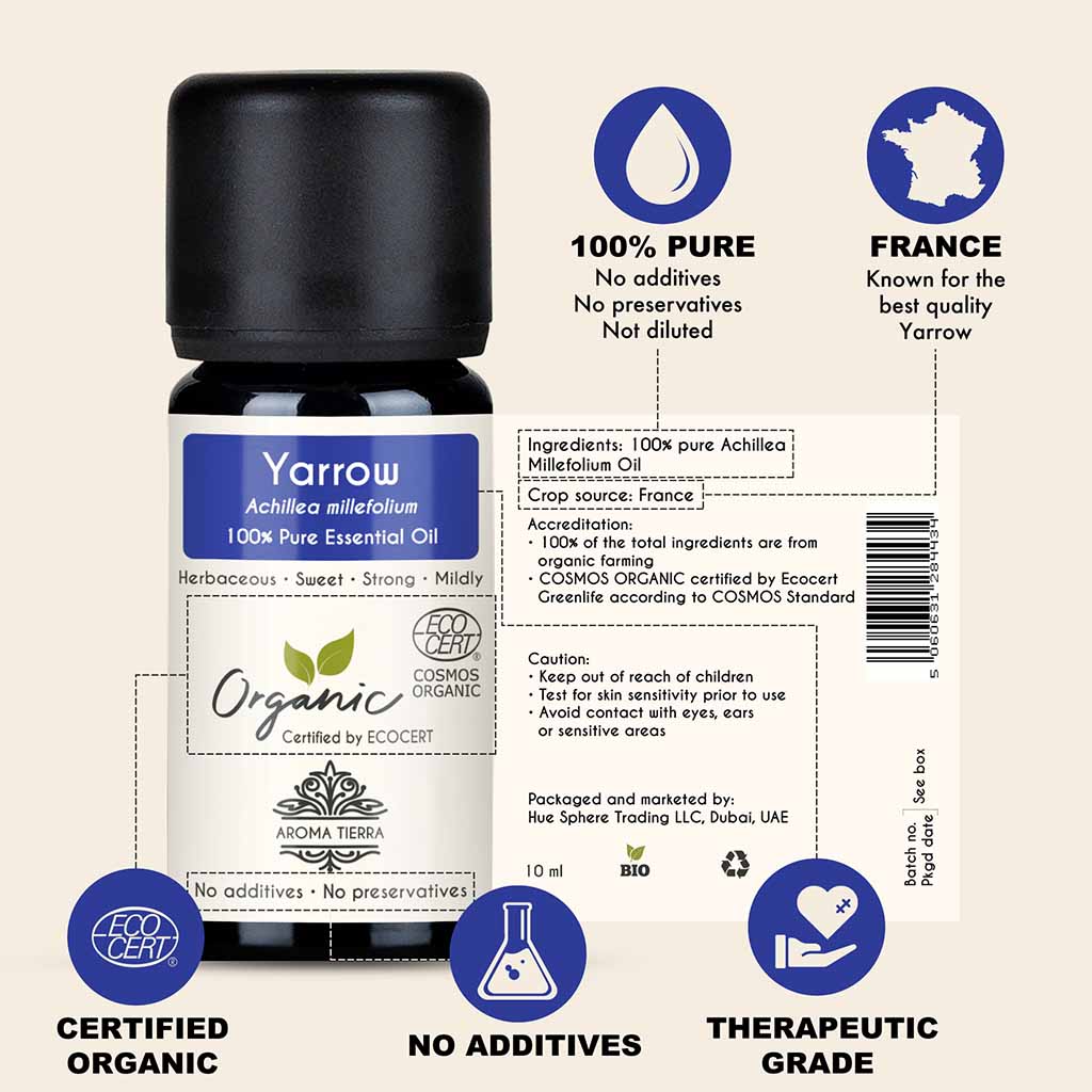 Aroma Tierra Organic Yarrow essential oil from France, reduce acne, soothe irritation, and prevent wrinkles.