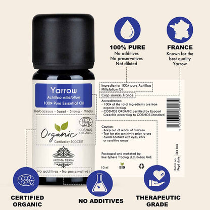 Aroma Tierra Organic Yarrow essential oil from France, reduce acne, soothe irritation, and prevent wrinkles.