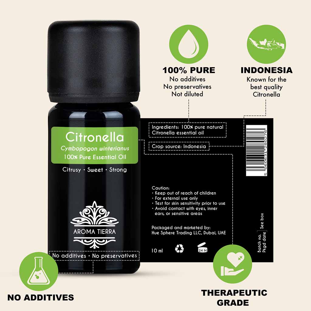100% Natural and Pure Citronella essential oil, no preservatives, no additives, undiluted, no solvent, no synthetic fragrance .