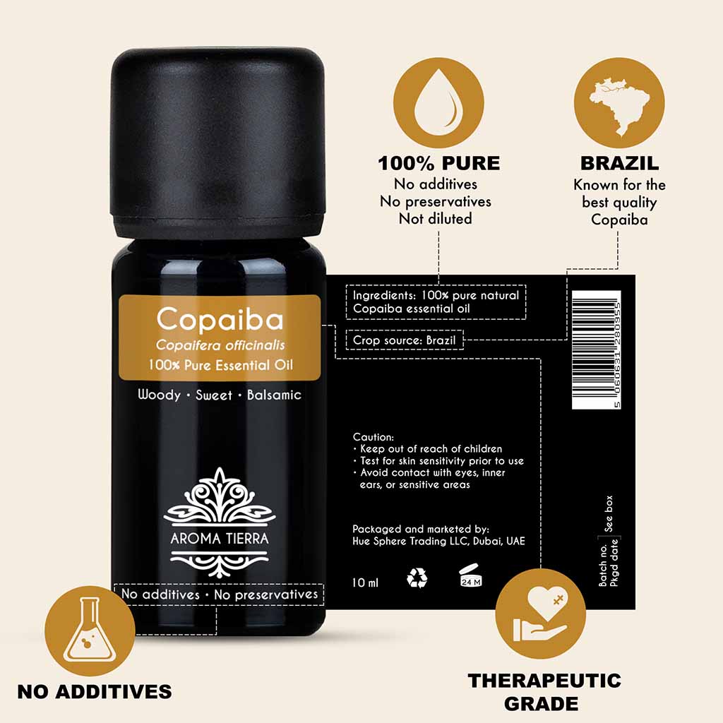 100% Pure and Natural Copaiba essential oil, no preservatives, no additives, undiluted, no solvent, no synthetic fragrance