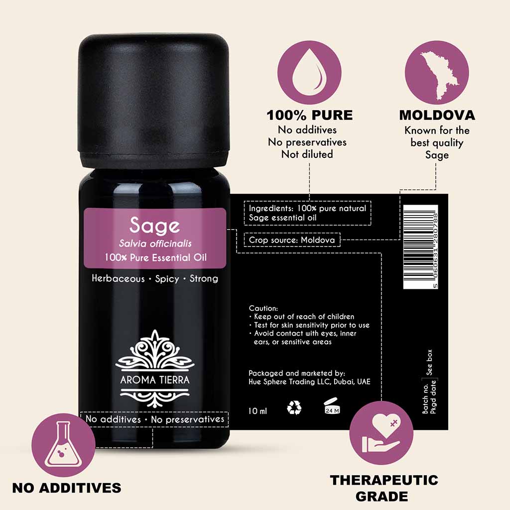 Aroma Tierra Pure Sage essential oil from Moldova, indigestion, bloating, and gas. Menstrual irregularities, PMS, and menopausal symptoms. 