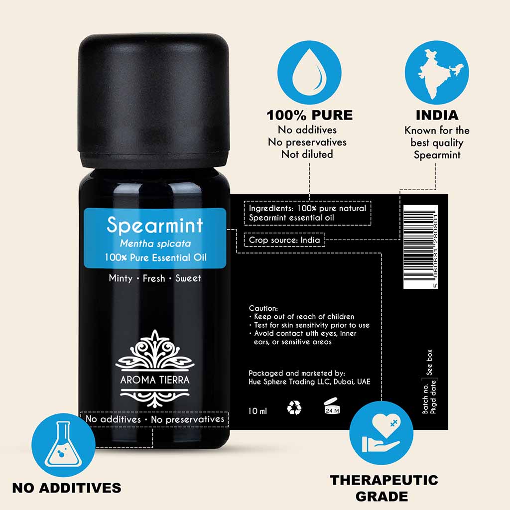 100% Pure and Natural Spearmint essential oil, no preservatives, no additives, undiluted, no solvent, no synthetic fragrance