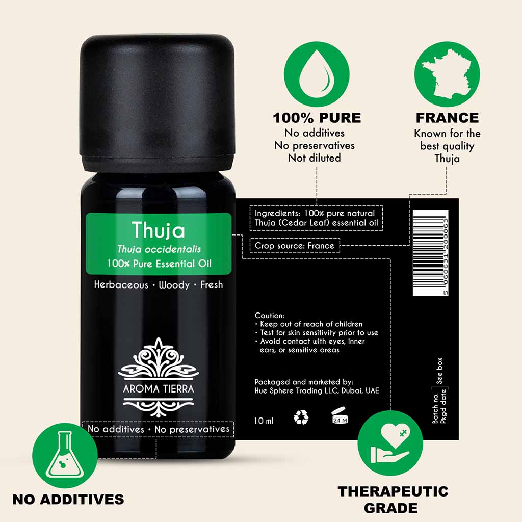 100% Pure and Natural Thuja essential oil, no preservatives, no additives, undiluted, no solvent, no synthetic fragrance