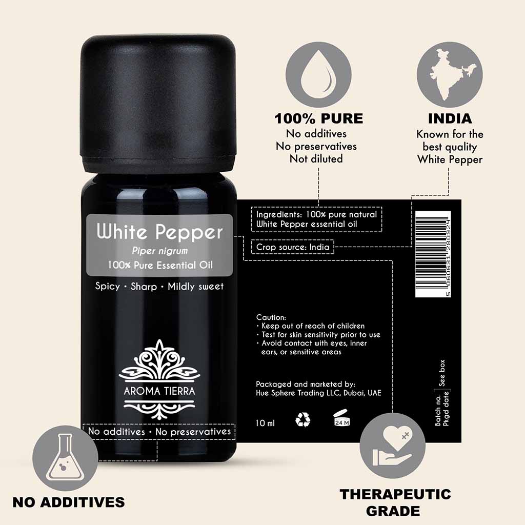 100% Pure and Natural White Pepper essential oil, no preservatives, no additives, undiluted, no solvent, no synthetic fragrance