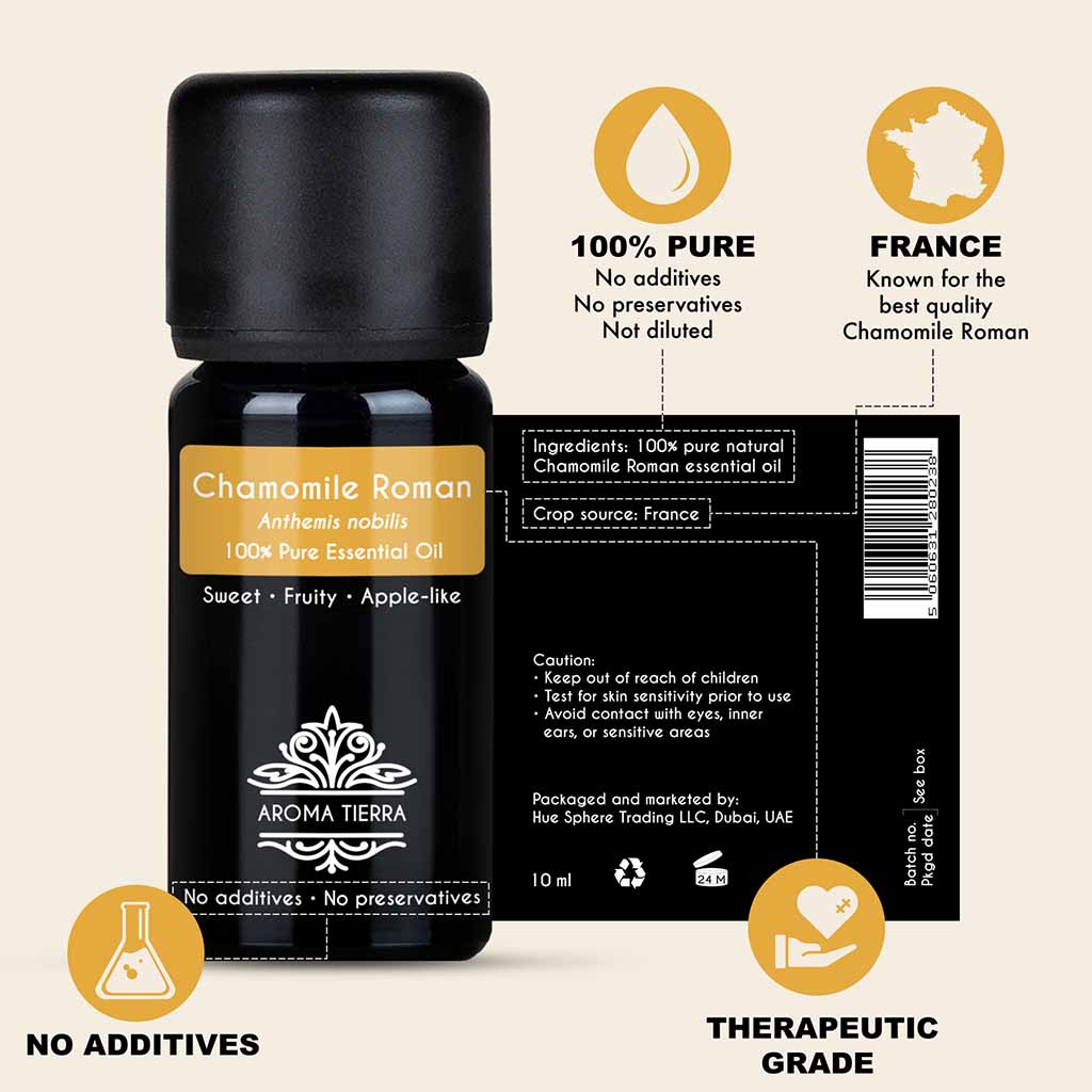 100% Pure and Natural  Chamomile Roman essential oil, no preservatives, no additives, undiluted, no solvent, no synthetic fragrance. 