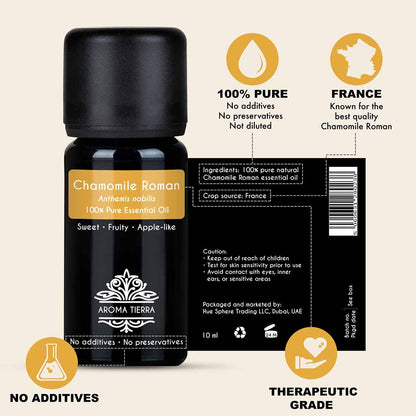 100% Pure and Natural  Chamomile Roman essential oil, no preservatives, no additives, undiluted, no solvent, no synthetic fragrance. 