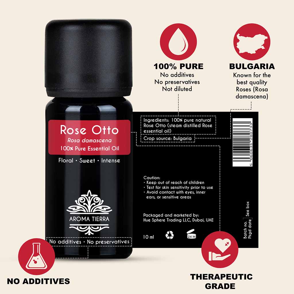100%  Pure and Natural Rose essential oil, no preservatives, no additives, undiluted, no solvent, no synthetic fragrance , therapeutic grade.