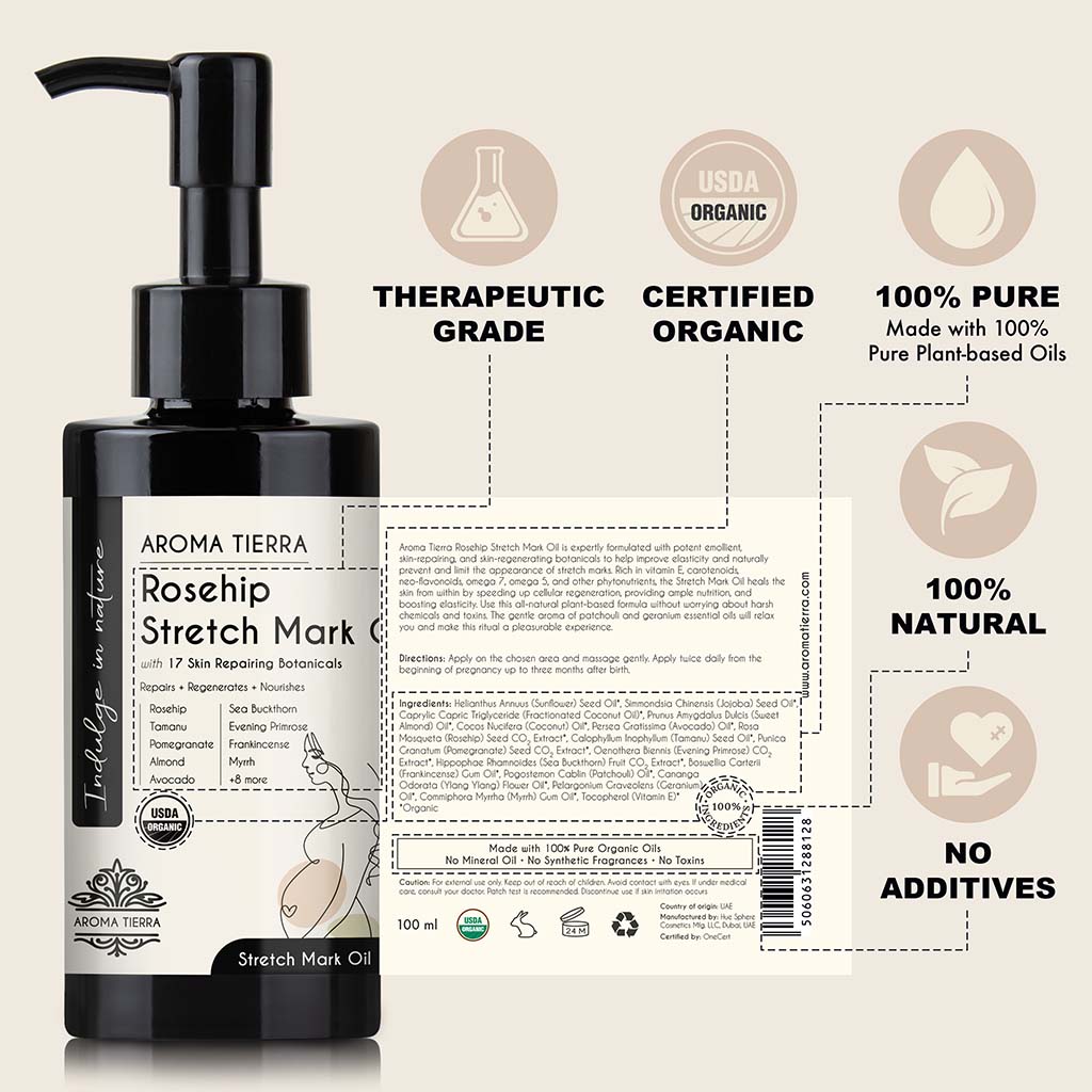Aroma Tierra Certified Organic Rosehip Stretch Mark Oil prevent the appearance and repair stretch marks.