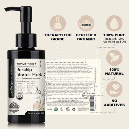 Aroma Tierra Certified Organic Rosehip Stretch Mark Oil prevent the appearance and repair stretch marks.