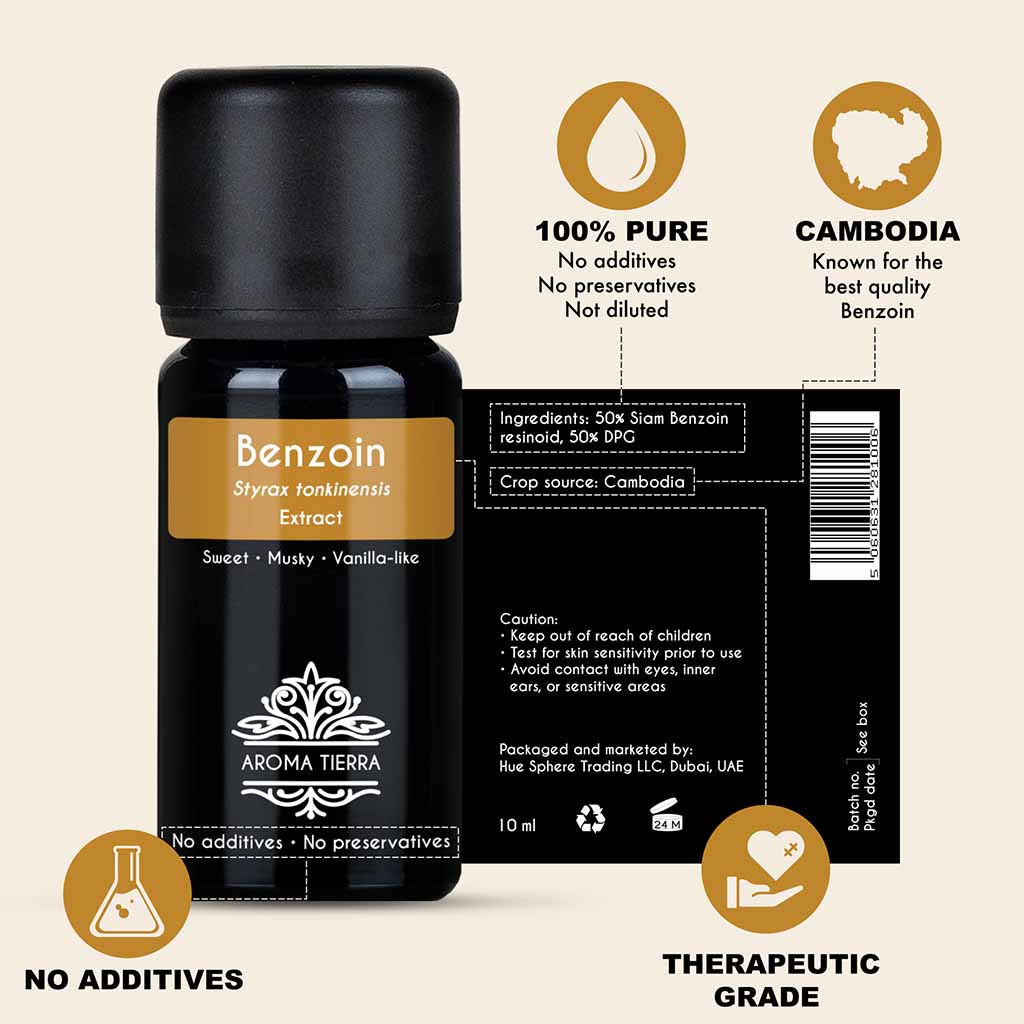 100% Pure and Natural Benzoin essential oil, no preservatives, no additives, undiluted, no solvent, no synthetic fragrance