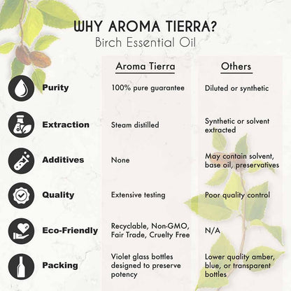Aroma Tierra Birch essential oil headaches, migraines,  ease joint pain or stiffness.
