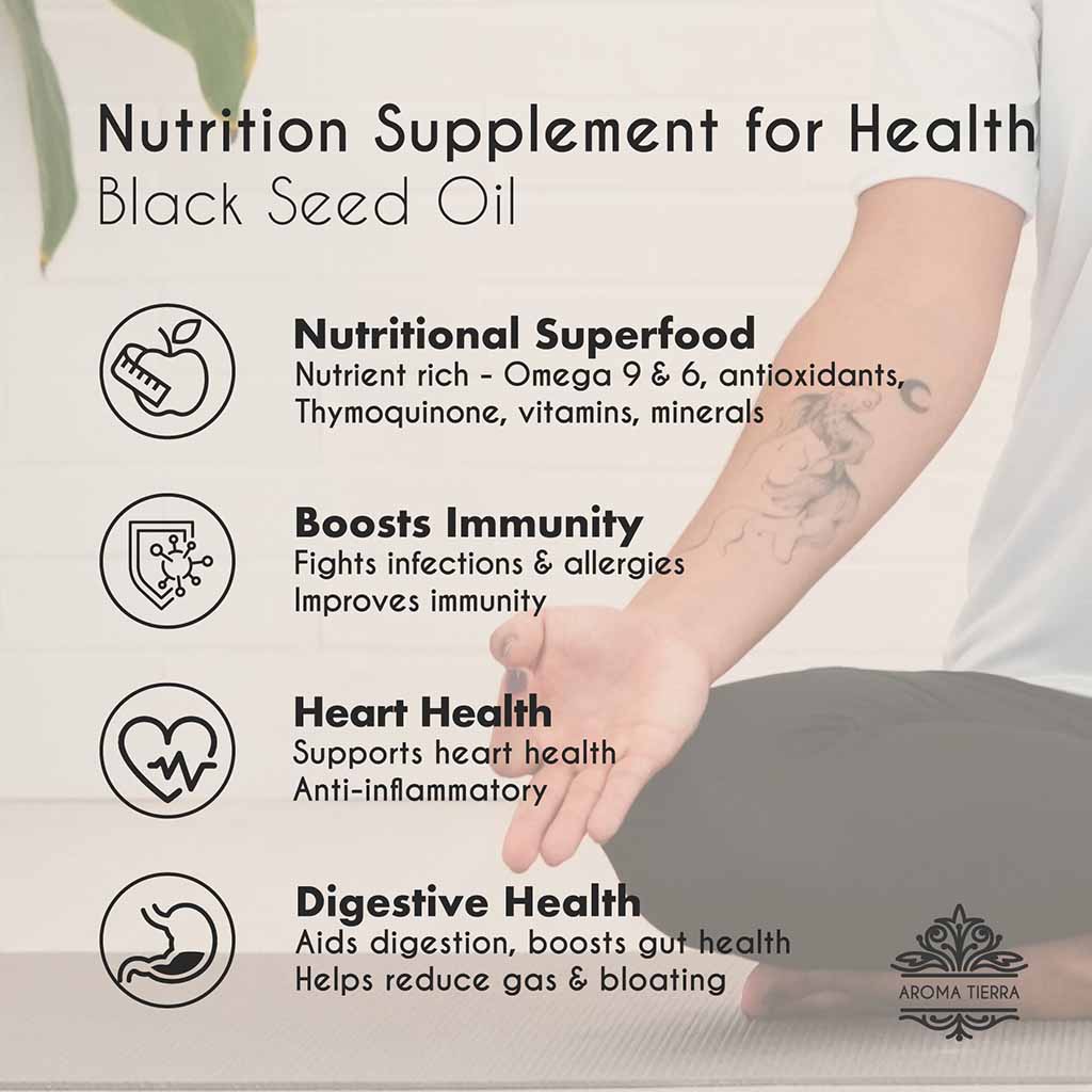 100% Pure Natural Organic Black Seed Oil superfood, support heart health and aids digestion. 