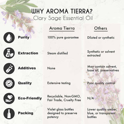 Aroma Tierra Clary Sage essential oil from France regulates hormones, eases PMS symptoms, supports menopause, women health