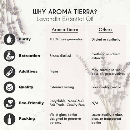 Aroma Tierra Lavandin essential oil best for diffuser, calming effect, sleep aid, relaxing.