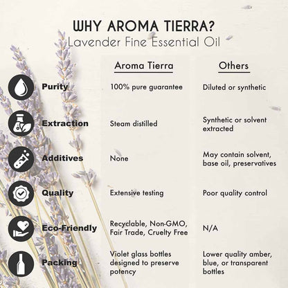 Aroma Tierra Lavender fine essential oil best for diffuser, calming effect, sleep aid, relaxing