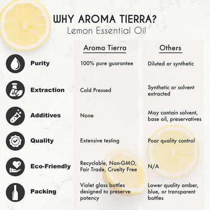 Aroma Tierra Organic Lemon essential oil from Italy natural remedy to soothes sore throat, relieves congestion. 